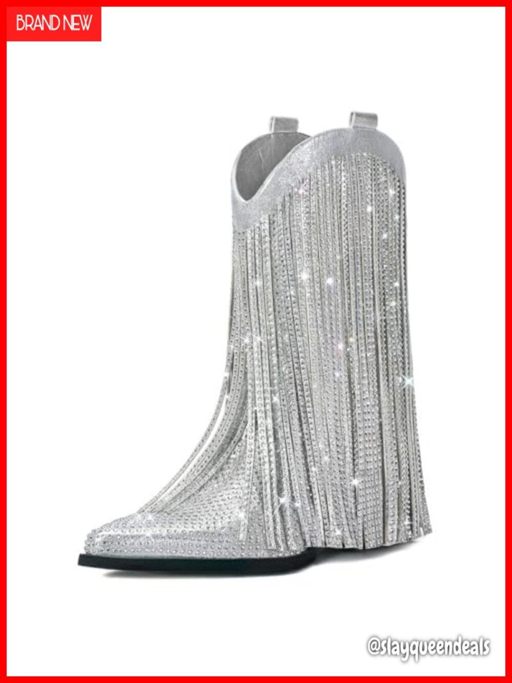 Faux Leather Fringe Cowboy Boots Mid Calf Pointed Toe Chunky Heel